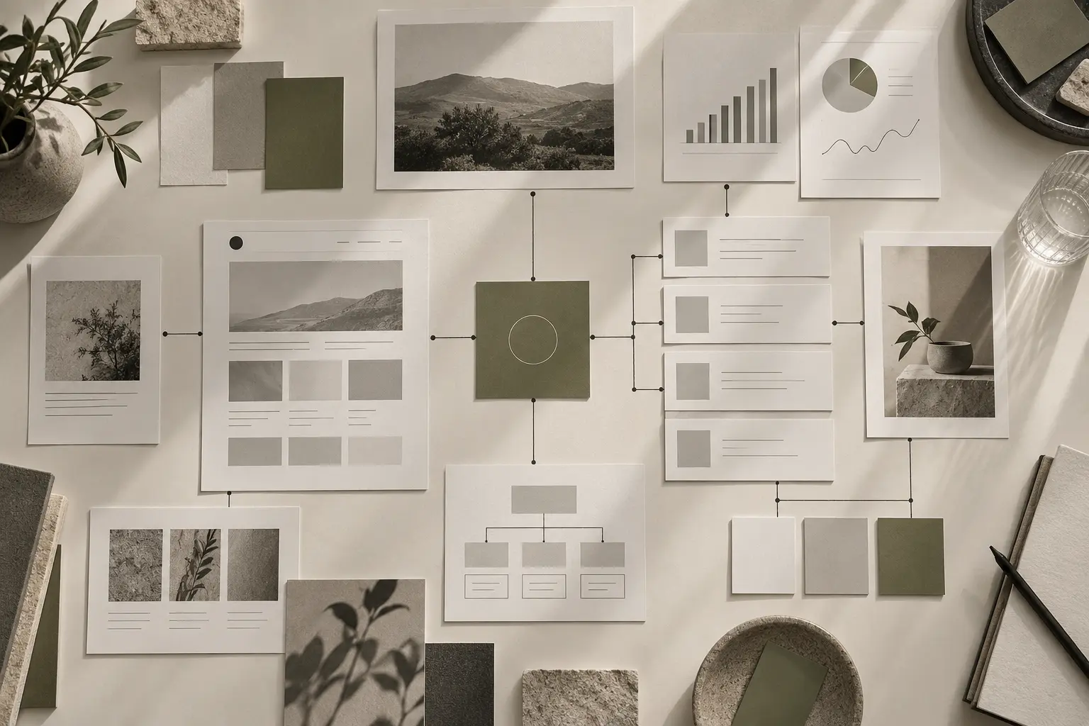 Wireframe, contenuti e campioni colore organizzati per definire una strategia digitale.