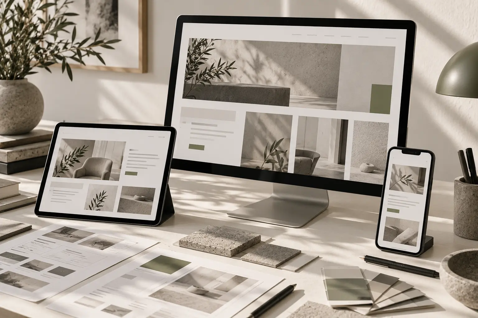 Layout coordinato di un sito web su monitor, tablet e smartphone, con wireframe sulla scrivania.