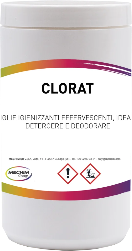 Barattolo Clorat Mechim, packaging ed etichetta